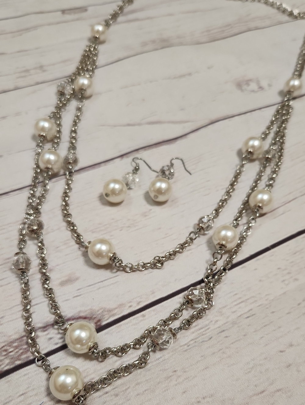 Layered Pearl and Crystal Necklace with Drop Earrings - Silver and Ivory